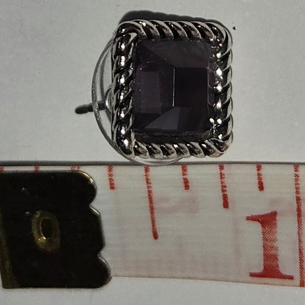Square Purple Gem Stud Earrings Silver Tone Twisted Rope Border Women - Picture 2 of 4